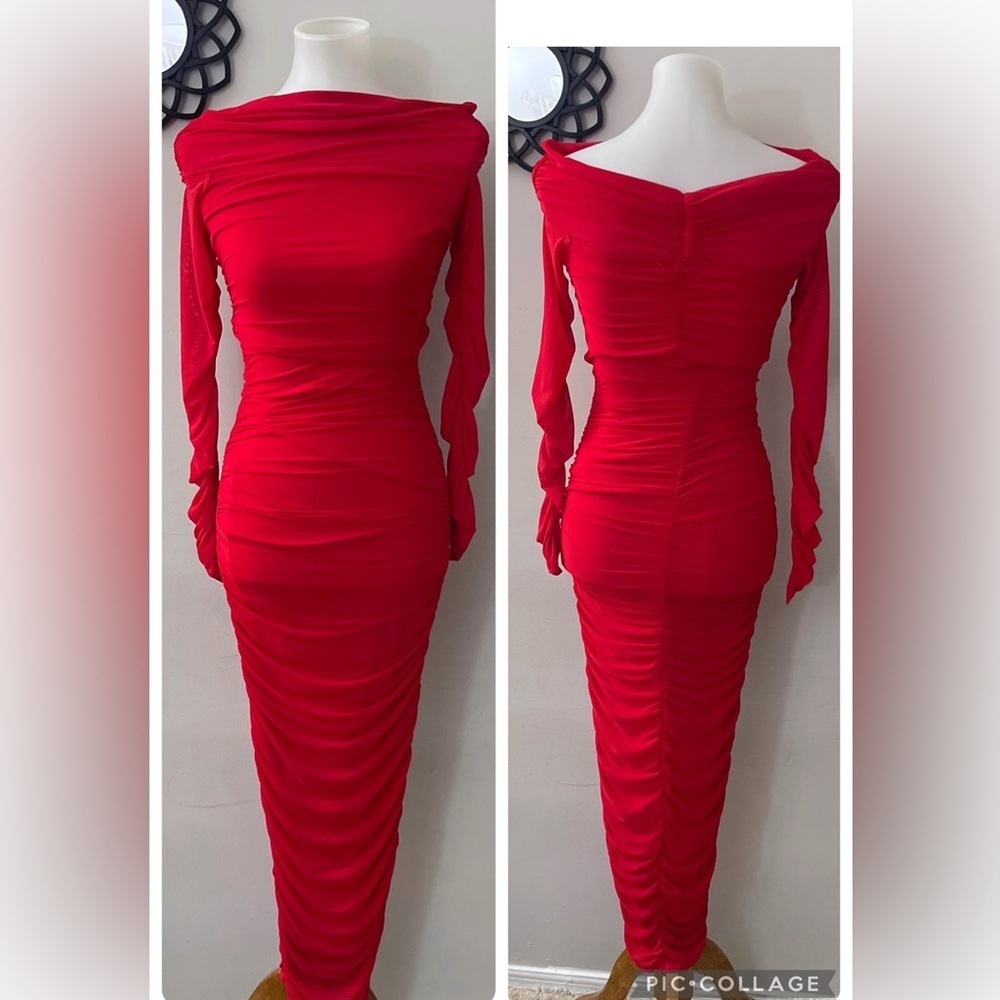 Fashion Nova Off The Shoulder Red Long Sleeve Dress Glam Party Chic Valentines